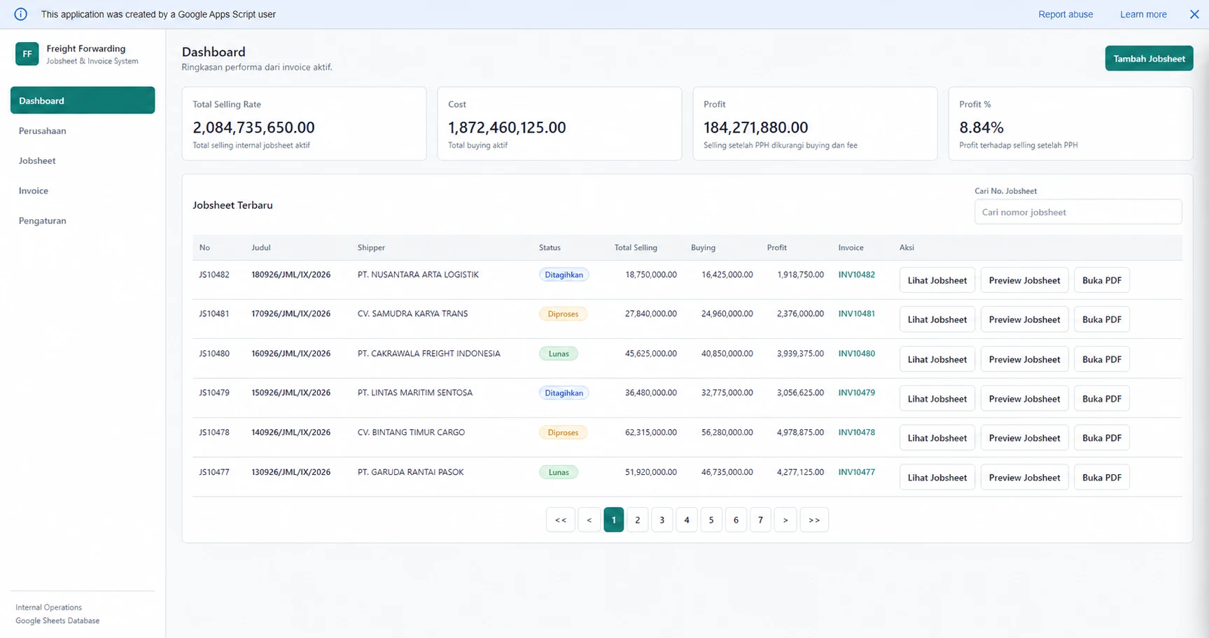 Freight dashboard with dummy financial values and fictionalised records